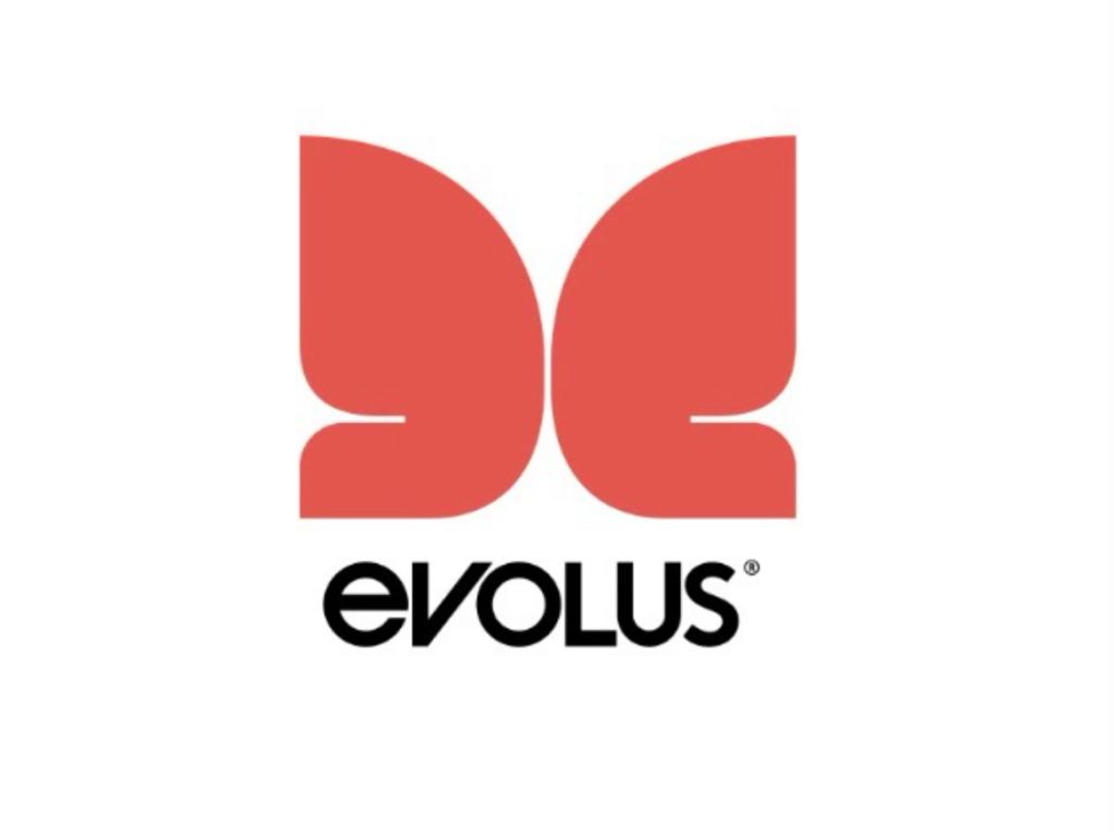 Evolus icon with red abstract icon of butterfly wings